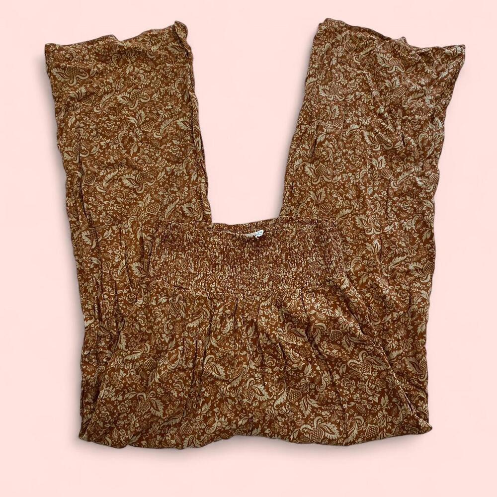 Brown and white paisley print flowy pants
